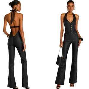 NWT RETROFETE Women’s Cynthia Black Stretch Wax Twill Flared Jumpsuit